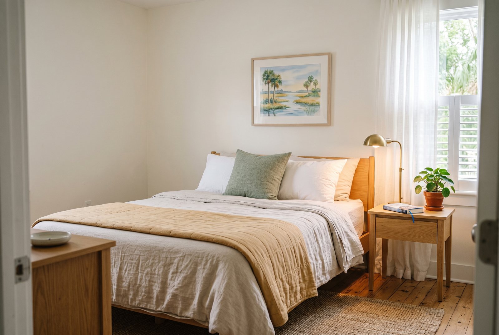 Calm private bedroom with linen bedding and a reading lamp