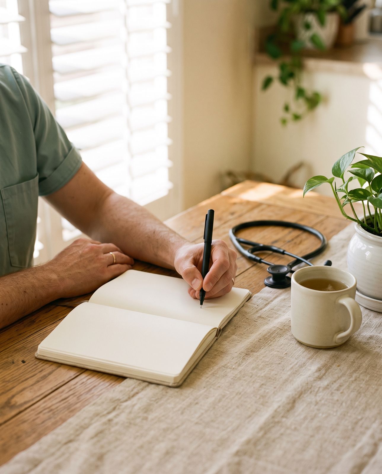 Clinician writing a care plan at a sunlit kitchen table with a stethoscope and a cup of herbal tea
