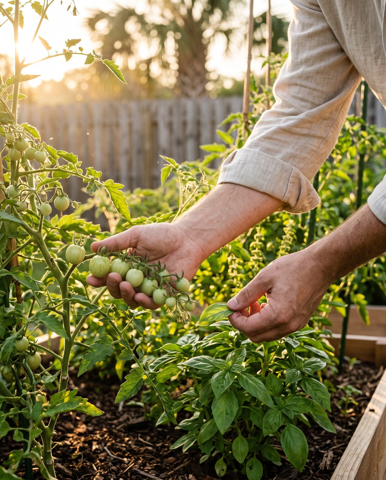 Hands tending basil and tomato plants in a raised garden bed