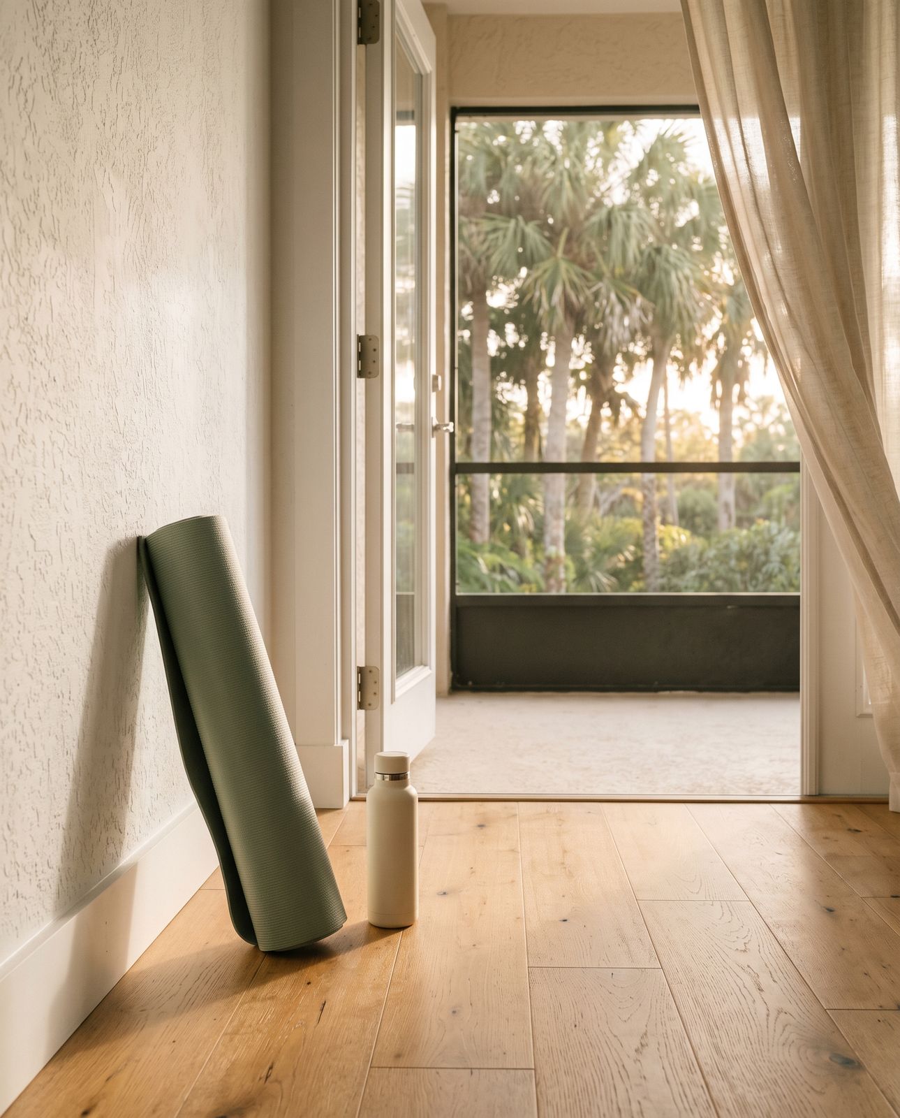 Rolled yoga mat and water bottle beside an open door to a sunrise lanai