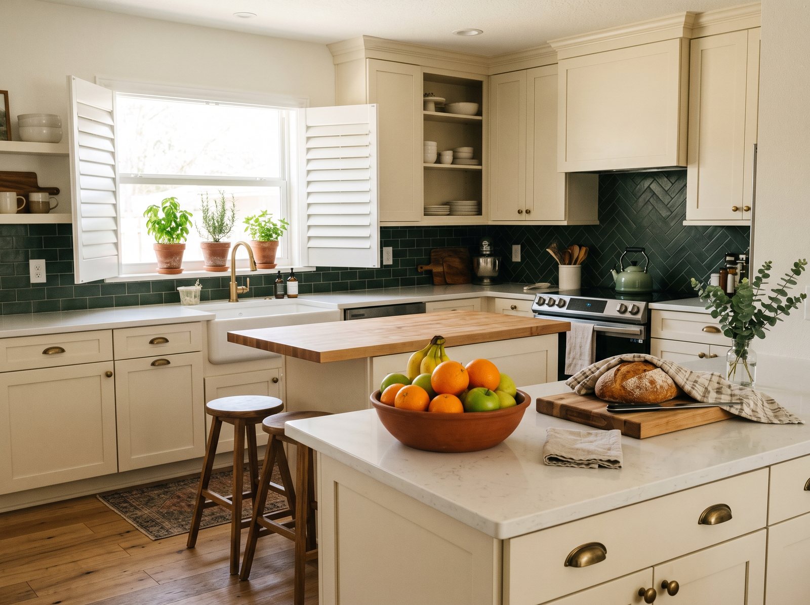 Bright home kitchen with fresh fruit and herbs