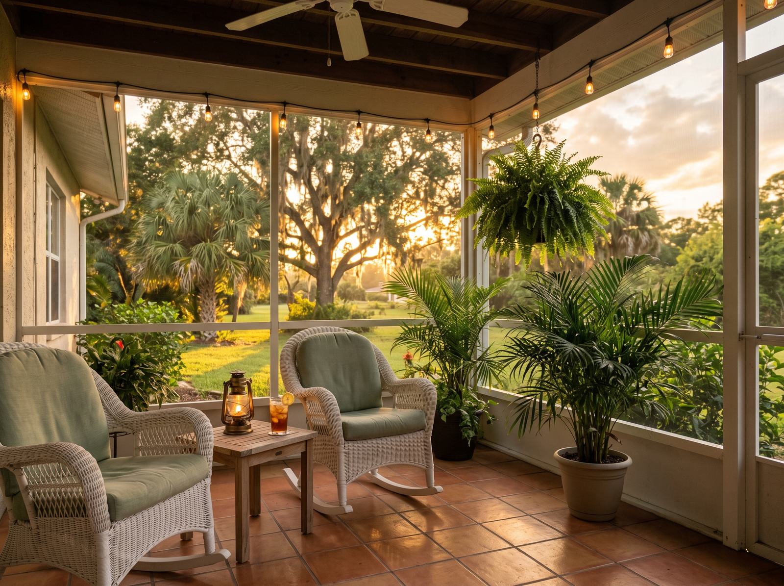 Screened lanai with cushioned seating looking out over the back yard