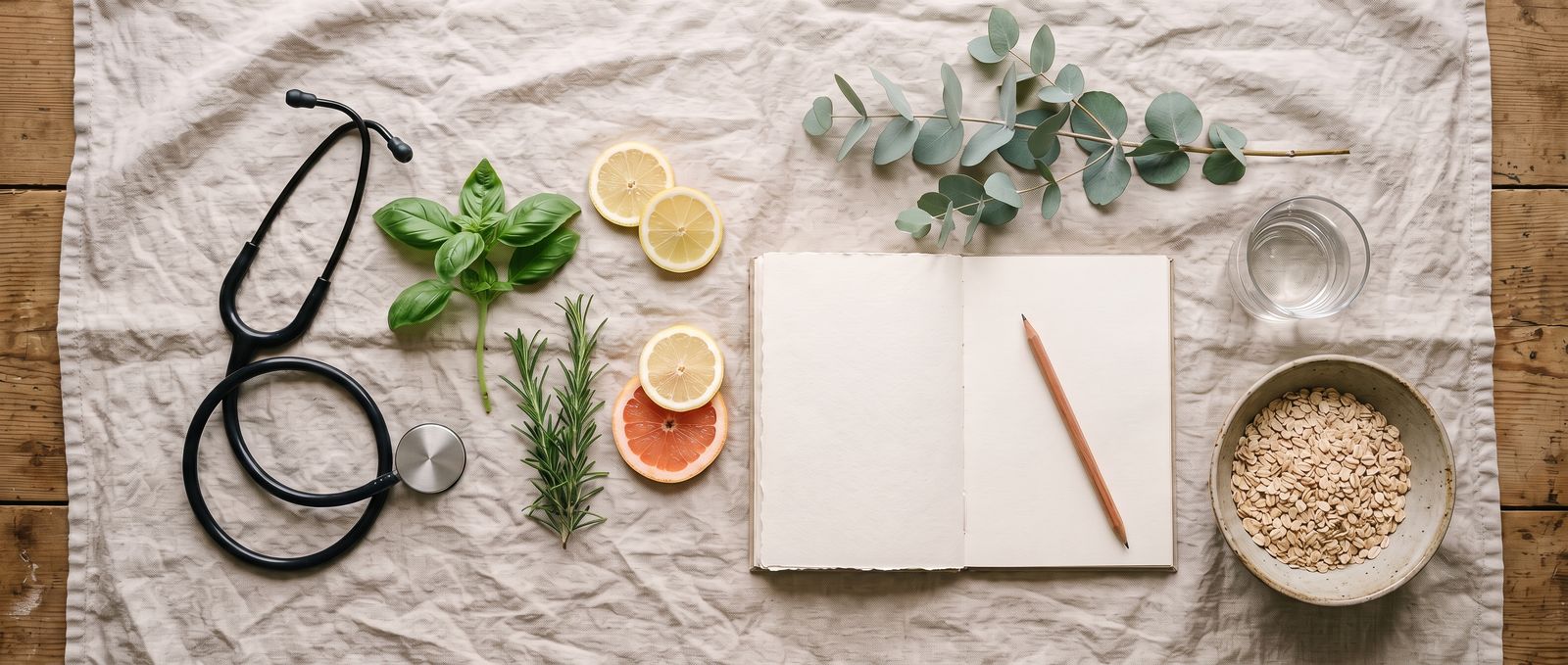 Stethoscope, fresh herbs, citrus and an open journal arranged on linen